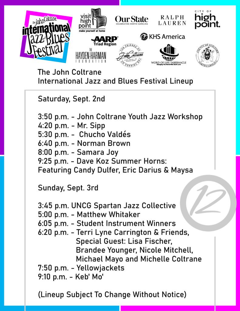 Performance schedule graphic for the 12th Annual John Coltrane International Jazz and Blues Festival 2023 Lineup